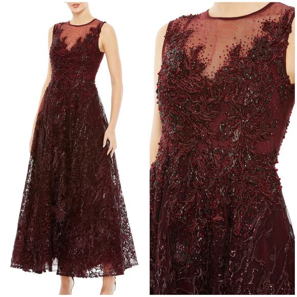Mac Duggal NWT Embroidered Beaded High Neck Sleeveless Dress Burgundy Size 12 - Picture 1 of 8